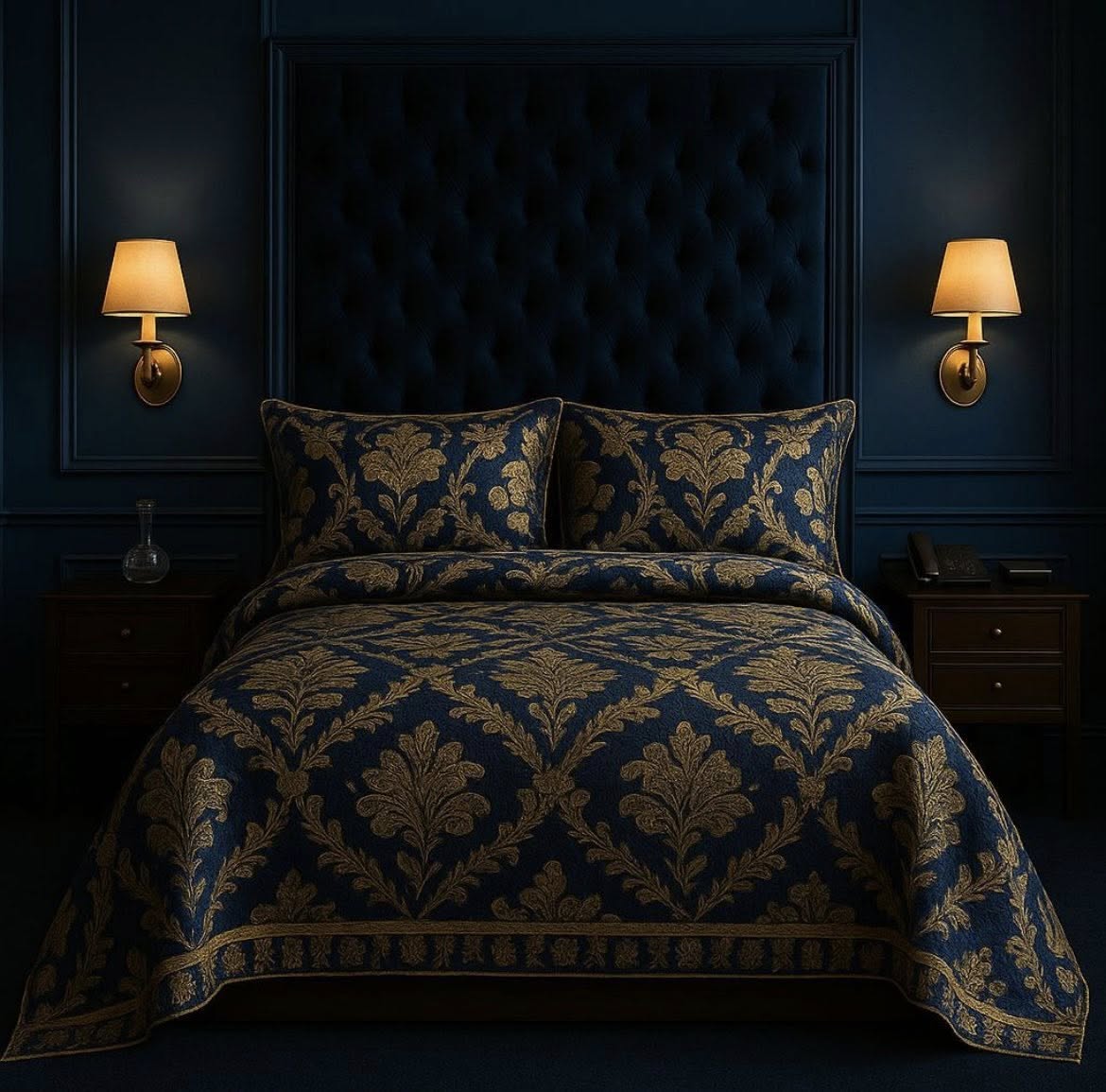 The Indigo Chamber — navy and gold damask suite